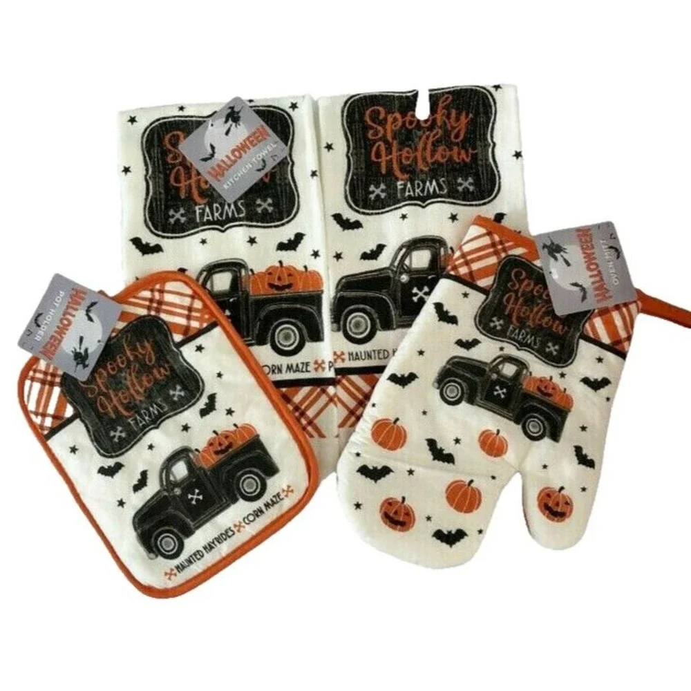 Halloween Kitchen Dish Towels Oven Mitt Potholder Set of 4 Farm Truck Pumpkins